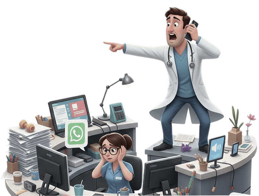 Ilustra a confusão que é uma clínica veterinária sem automação com inteligência artificial, uma bagunça grande e ninguém se acha