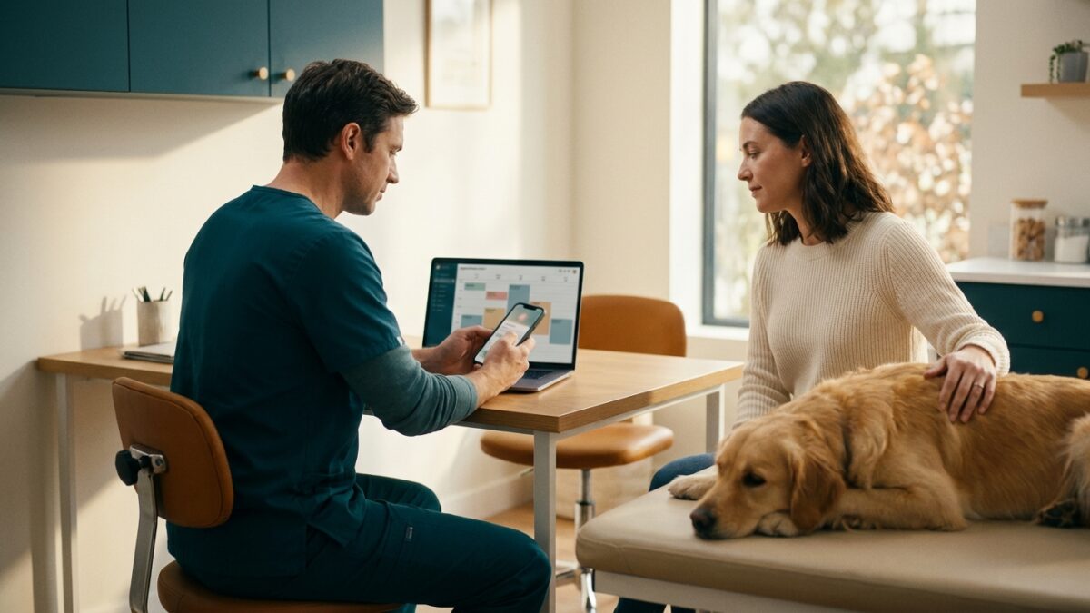 Veterinário especialista utilizando sistema de agendamento automático com IA em clínica veterinária