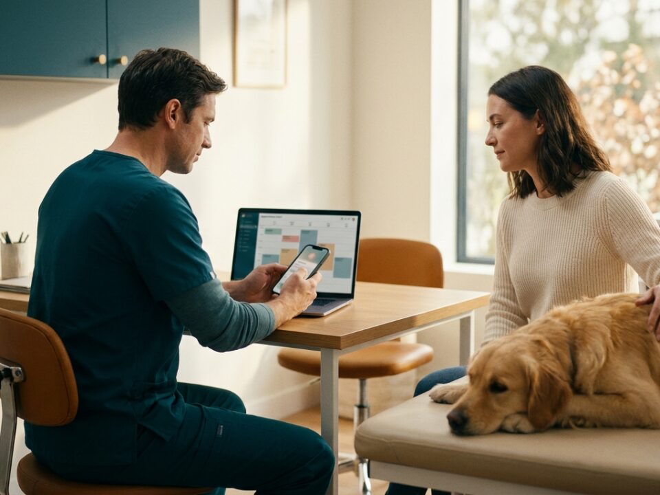 Veterinário especialista utilizando sistema de agendamento automático com IA em clínica veterinária
