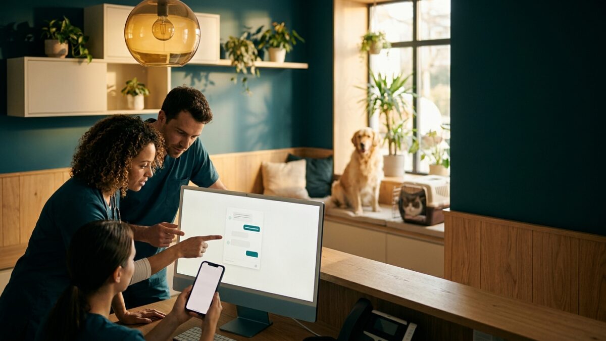 Equipe de clínica veterinária usando chatbot veterinário no WhatsApp para atendimento automatizado