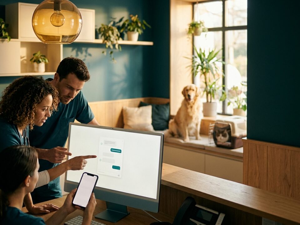 Equipe de clínica veterinária usando chatbot veterinário no WhatsApp para atendimento automatizado