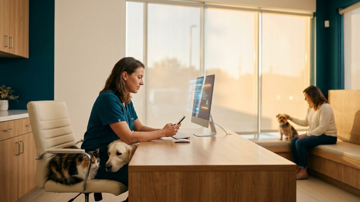 Veterinário usando VetBots e SimplesVet para gerenciar atendimento automatizado em clínica veterinária