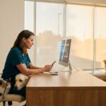 Veterinário usando VetBots e SimplesVet para gerenciar atendimento automatizado em clínica veterinária