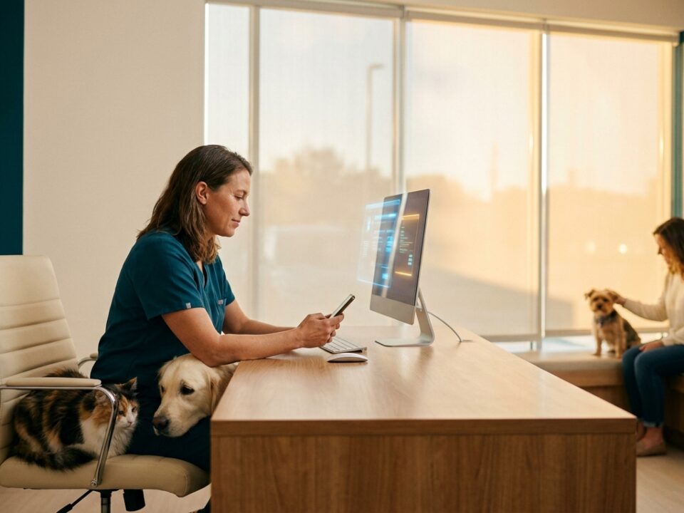 Veterinário usando VetBots e SimplesVet para gerenciar atendimento automatizado em clínica veterinária